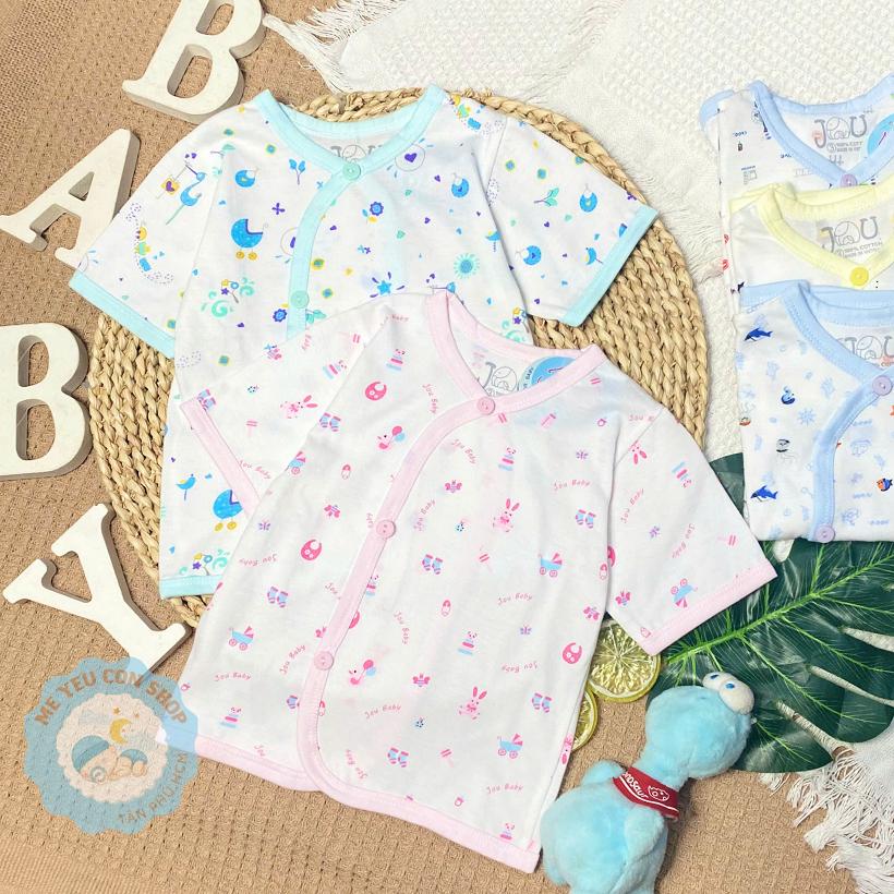 (J10TN) Áo Cài Xéo Họa Tiết Ngắn Tay Chất Cotton Cho Bé Sơ Sinh 3-9kg - Hãng JOU - HỒNG ((HỌA TIẾT )
