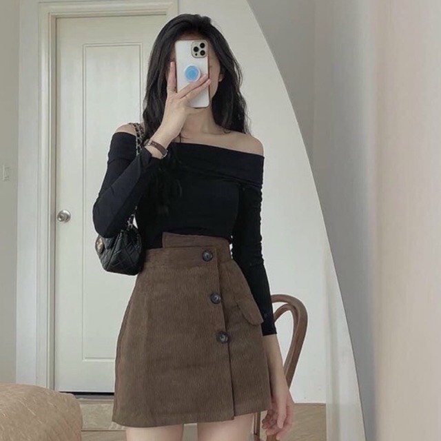 Áo thun gân tăm trễ vai dài tay dáng body sang chảnh