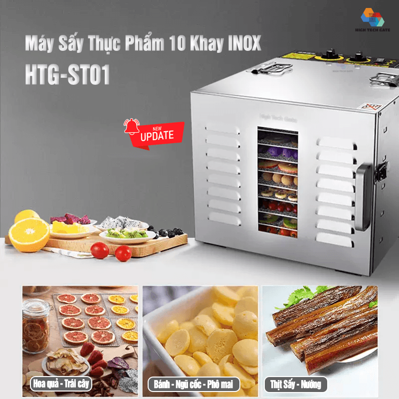 Máy sấy thực phẩm inox HTG-ST01 sấy khô hoa quả, trái cây, thịt cá rau củ, đa năng, 10 khay sấy inox 304, dung tích lớn, hàng chính hãng