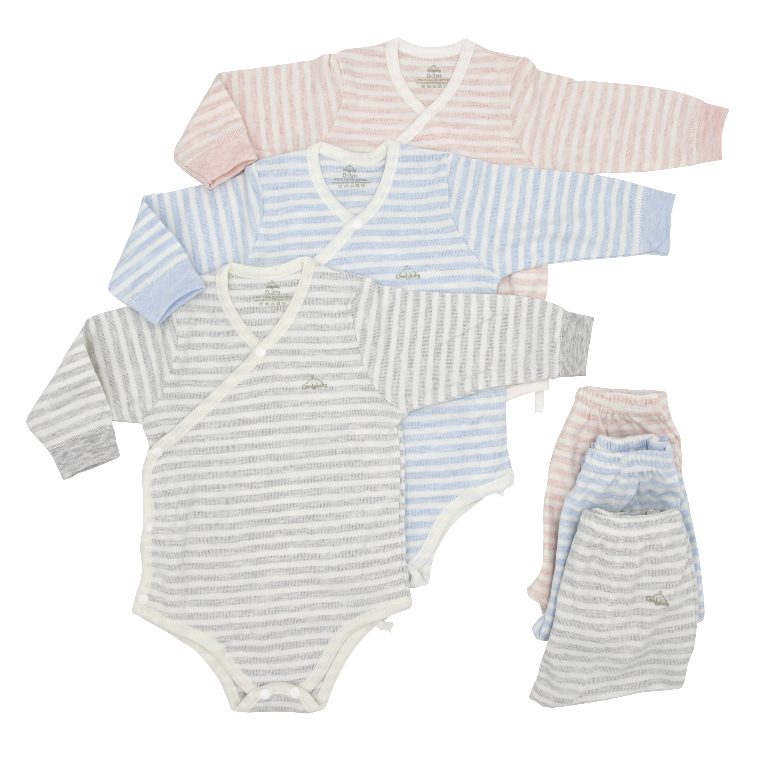 Set Bodysuit sơ sinh 5 món Comfybaby (quần áo dài, bao tay chân, mũ) kẻ sọc  100% Cotton mềm mại, thấm hút mồ hôi