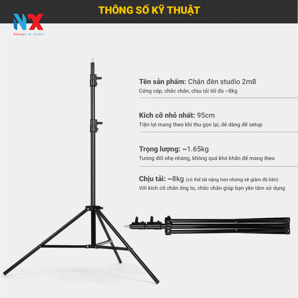 Chân đèn cao 2m8 kim loại - gắn đèn livestream, softbox chụp hình, đèn flash, máy ảnh