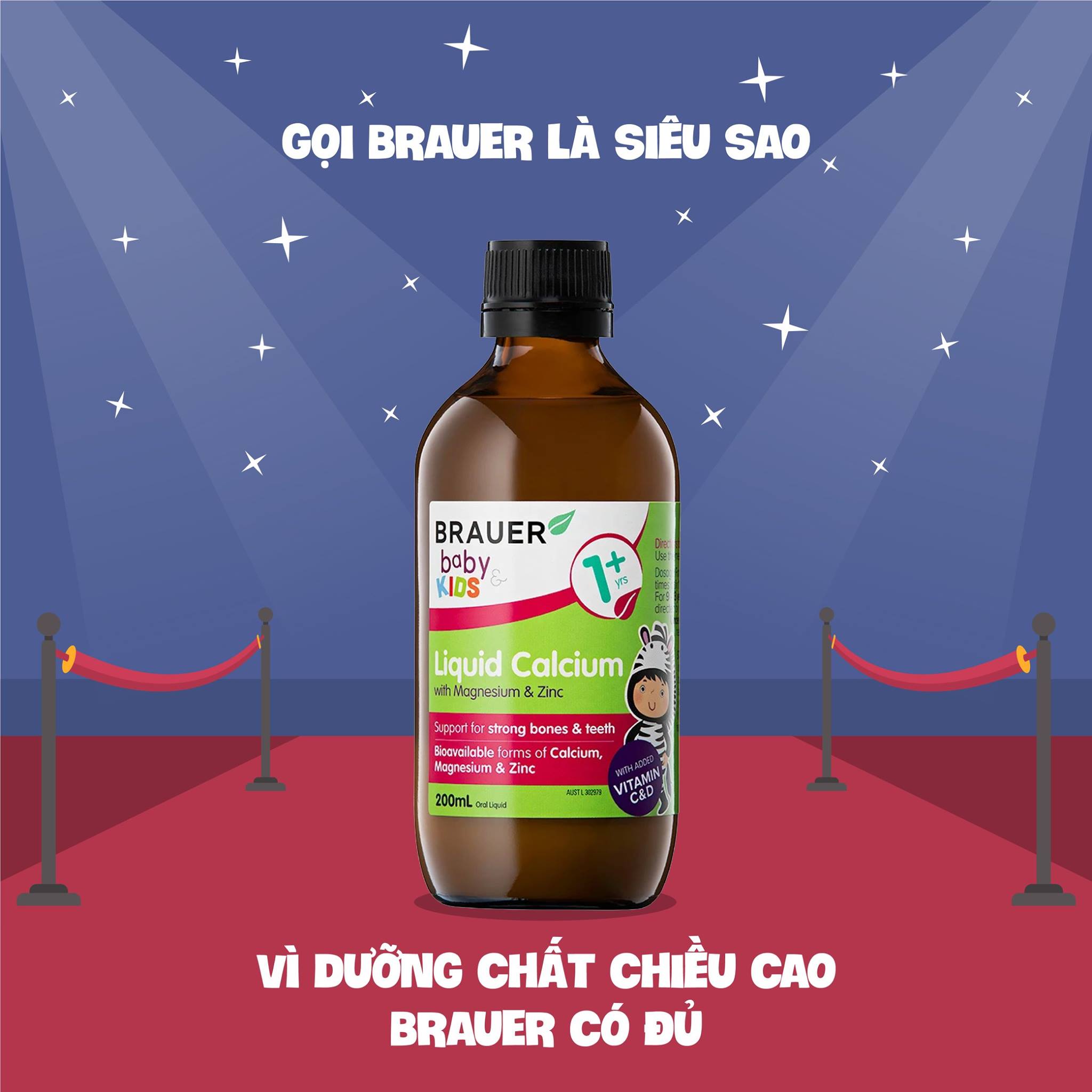 Calcium (canxi) hữu cơ, vitamin D3 cho trẻ sơ sinh, trẻ nhỏ Brauer Úc hỗ trợ phát triển chiều cao, cơ bắp, ngủ ngon, tăng hệ miễn dịch-OZ Slim Store