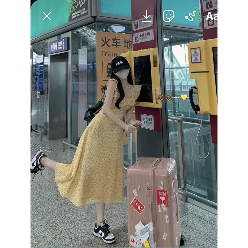 TOBE1SHOP Trà nghỉ kiểu Pháp cổ vuông tay áo nhỏ màu vàng hoa đầm nhỏ thắt lưng lộ vẻ gầy mùa hè váy dài đến mắt cá chân