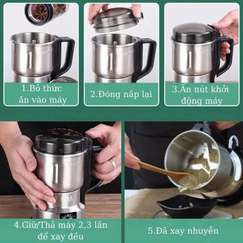 Máy Xay Hạt Khô Tiêu Chuẩn Châu Âu Máy Xay Ngũ Cốc Mini Công Suất 300w Lưỡi Dao 6 Cánh Thân Máy Bằng Thép Không Gỉ - Hàng Loại 1 - Chính Hãng