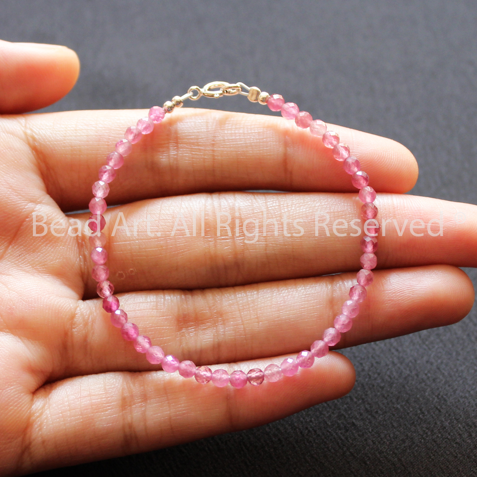 Vòng Tay 3MM Tourmaline Hồng Tự Nhiên Loại AAA Bạc 925, Mệnh Hoả, Thổ, Vòng Tay Phong Thuỷ, Lắc Tay - Bead Art