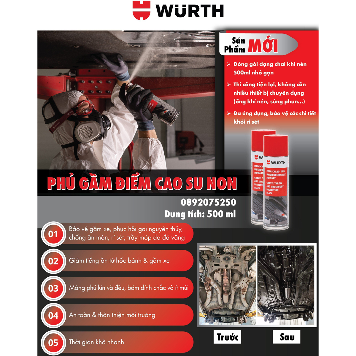 Wurth Phủ Gầm Màu Đen Chai Khí Nén Gravel Throw And Underbody Protection 500ml