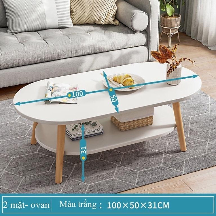 Bàn sofa, bàn trà hình Ovan 2 tầng, chân gỗ tự nhiên cao cấp
