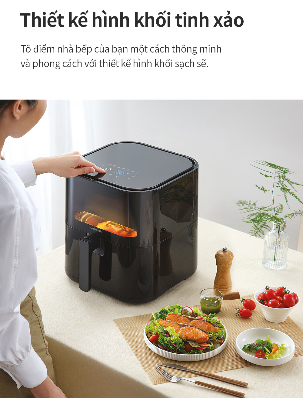 Nồi chiên không dầu Lock&amp;Lock EJF996BLK 5.5L Visible air fryer CUBE - Hàng chính hãng, cửa sổ trong suốt, 7 menu có sẵn