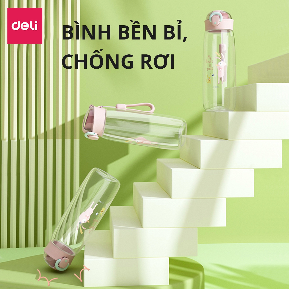 Bình Nước Bằng Nhựa Tritan Nắp Bật 480 600 ml Có Chia Vạch Nước Họa Tiết Dễ Thương Deli - BPA Free An Toàn Cho Sức Khỏe - Phù Hợp Bình Nước Thể Thao Cho Bé Tới Trường - 17661 17662
