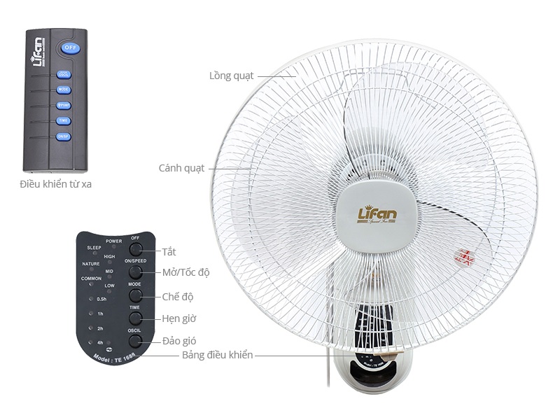 Quạt treo tường 3 cánh 50W Lifan TE-1688 - Có REMOTE - Hàng chính hãng