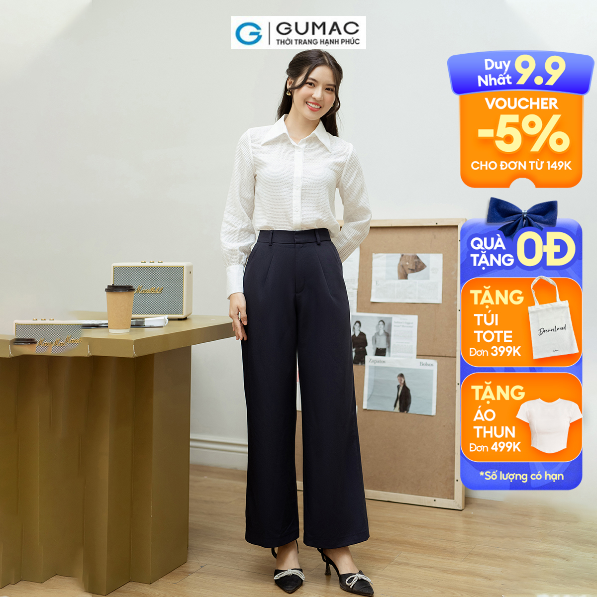 Quần nữ ống rộng xếp ly bản lưng cài móc giấu nút, hai túi xéo thân trước GUMAC QD09046