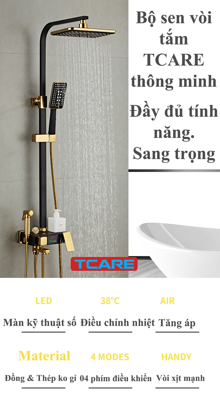 Bộ Sen vòi tắm Điều chính nhiệt độ Hiển thị số Tcare Ống HCN - Hàng chính hãng