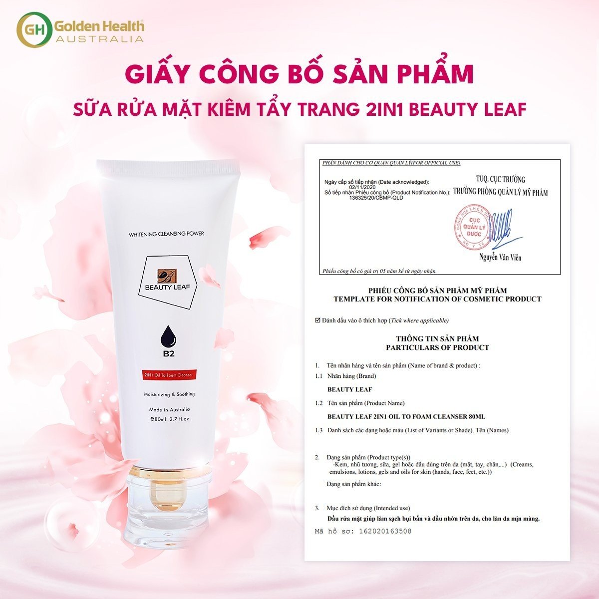 [GOLDEN HEALTH] Sữa Rửa Mặt Kiêm Tẩy Trang 2 Trong 1, Làm Sạch Sâu, Sáng Da, Cấp Ẩm Và Giúp Da Căng Mịn Không Gây Khô Da Beauty Leaf 80ml - Nhập Khẩu Chính Ngạch Từ Úc