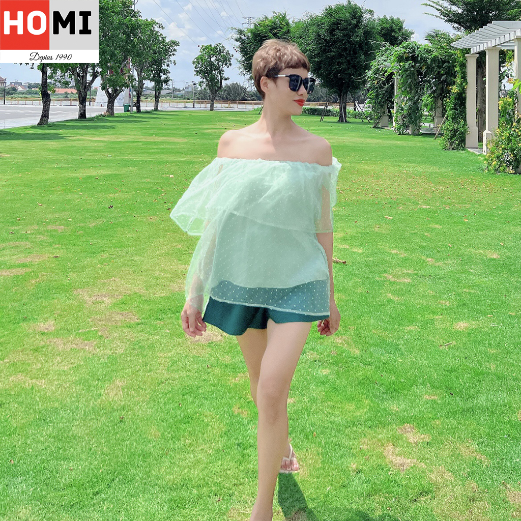 Áo bẹt vai voan chấm bi xanh Homi Fashion