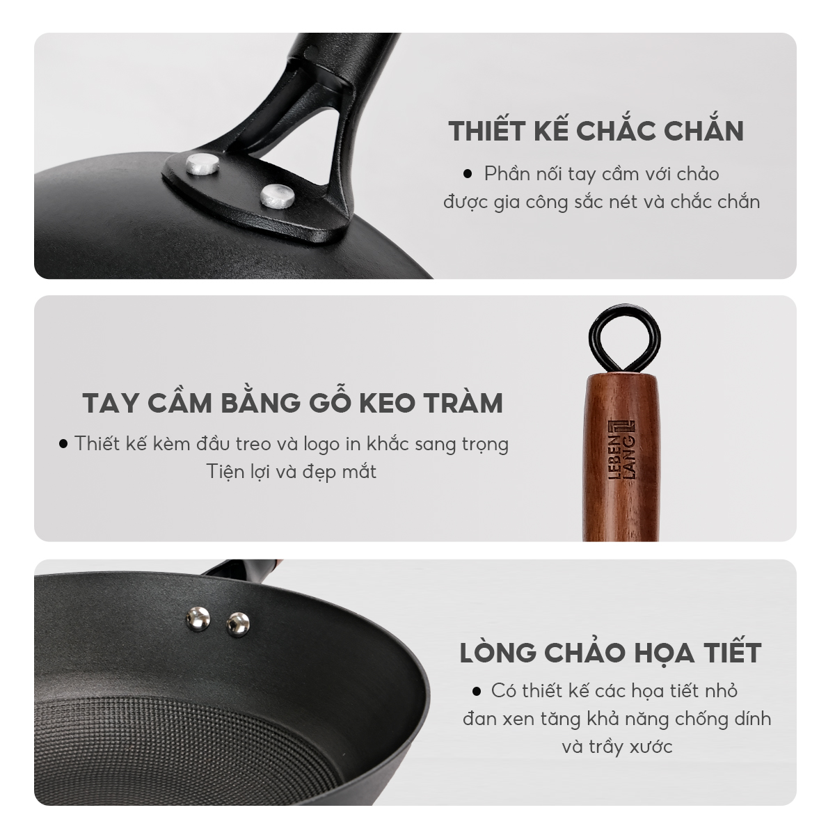 Chảo gang sâu lòng chống dính Lebenlang LBL2524, size 30cm, tay cầm gỗ dùng mọi loại bếp - hàng chính hãng