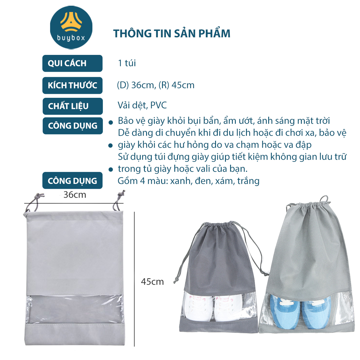 Combo 4 Túi đựng giày chất liệu vải dệt thoáng khí, chống bụi bẩn, chống ẩm ướt cho giày, dễ dàng mang theo - BuyBox - BBPK352