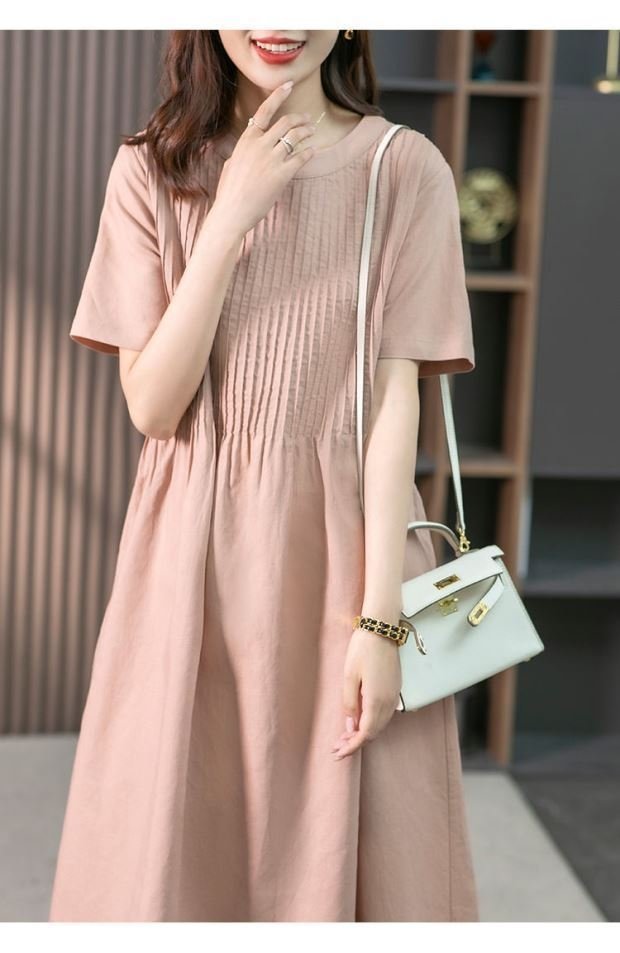 Đầm suông linen nữ cổ tròn ngắn tay, thiết kế xếp ly trước độc đáo, thời trang nữ cao cấp NH195