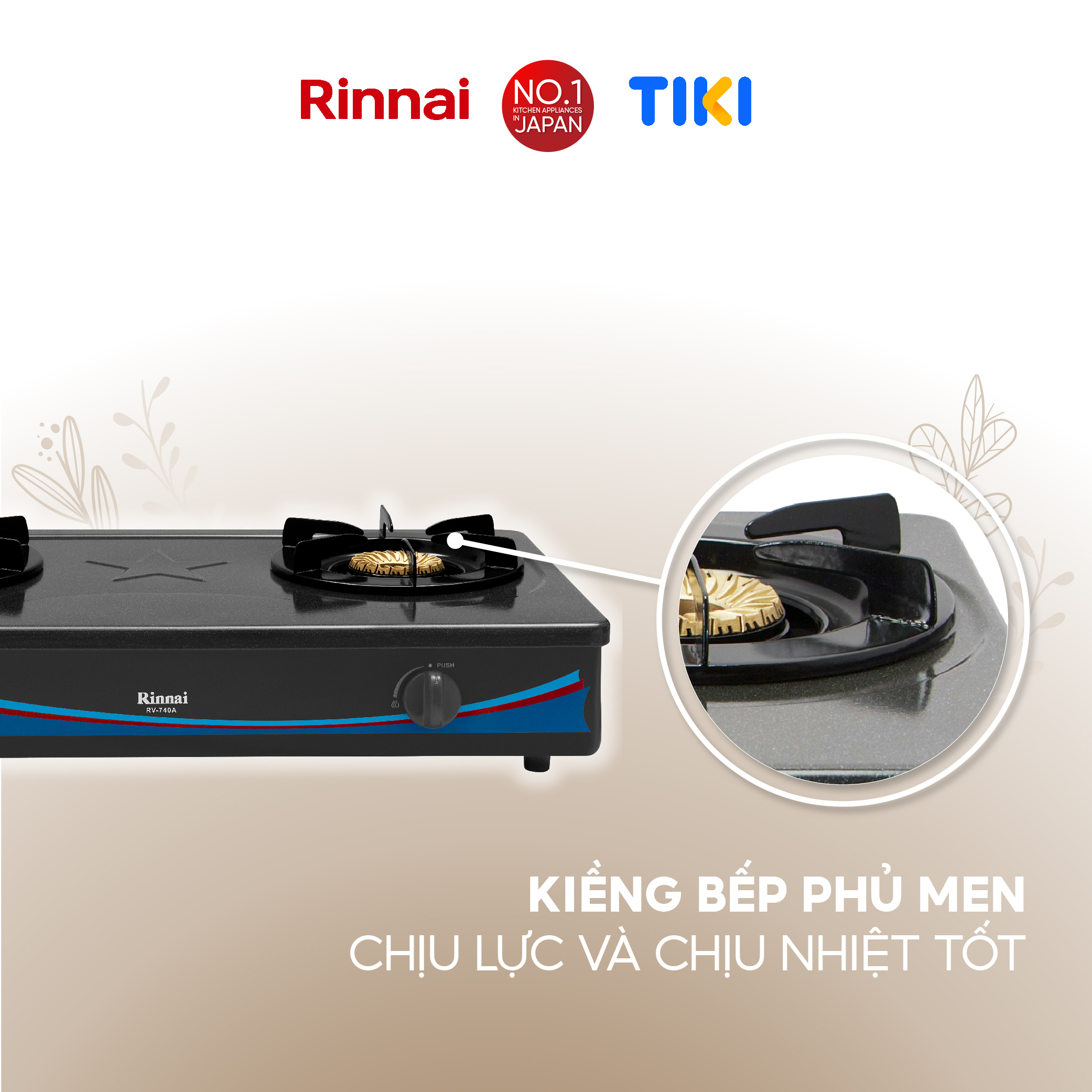 Bếp gas dương Rinnai RV-740A(GF) mặt bếp men và kiềng bếp men - Hàng chính hãng