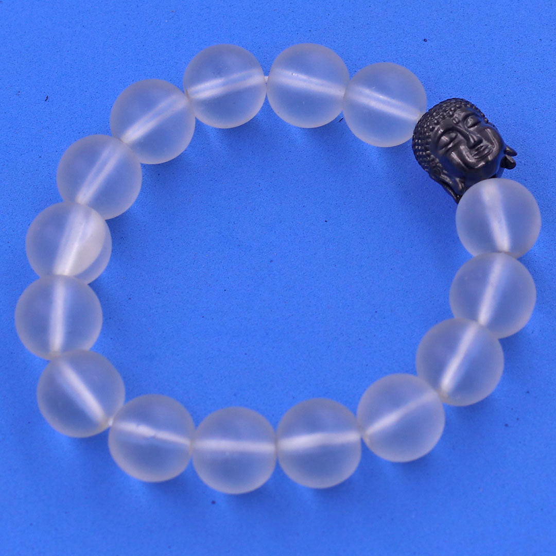 Vòng chuỗi đeo tay đá thạch anh trắng mờ 12 ly charm đầu Phật Như lai inox đen, Như lai Phật tổ, vòng chuỗi phong thủy, A DI ĐÀ