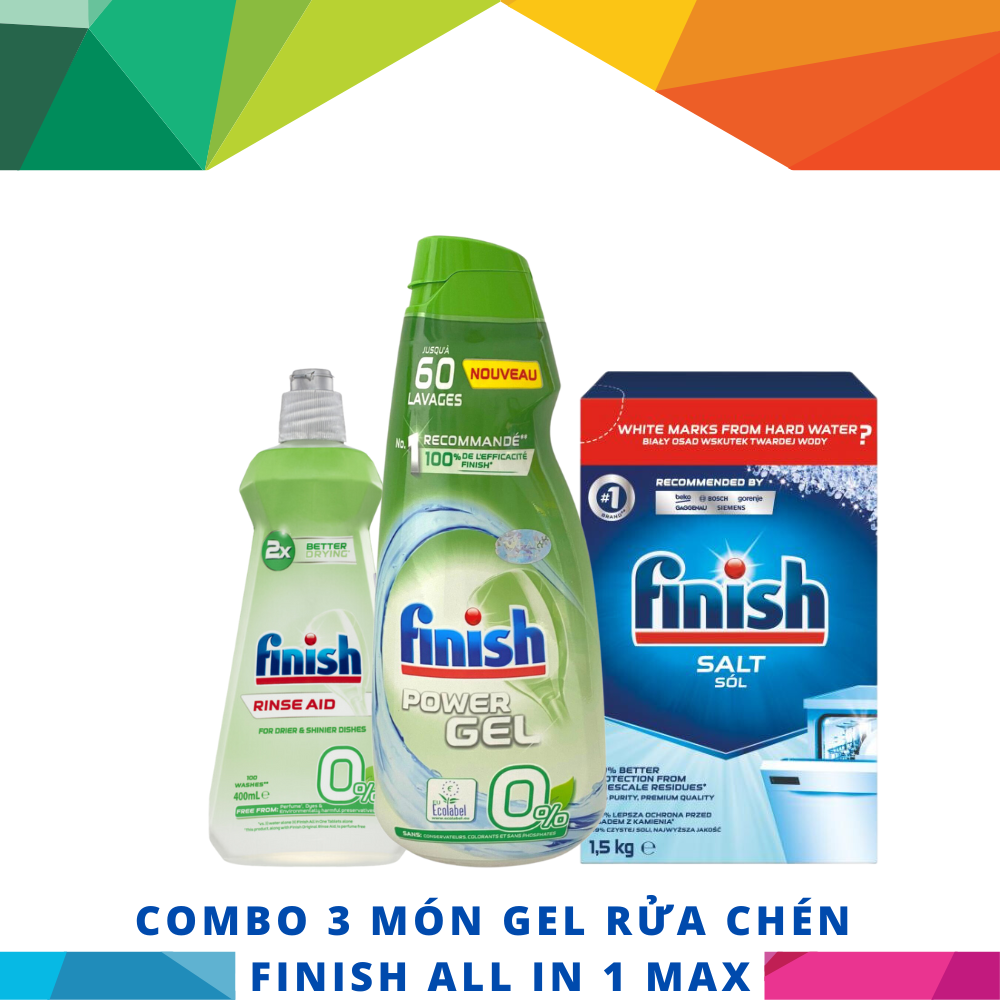 COMBO 3 món Finish Chai 900ml Gel Finish All in 1 Max + Hộp 1,5Kg muối + Chai 400ml nước bóng Finish dành cho máy