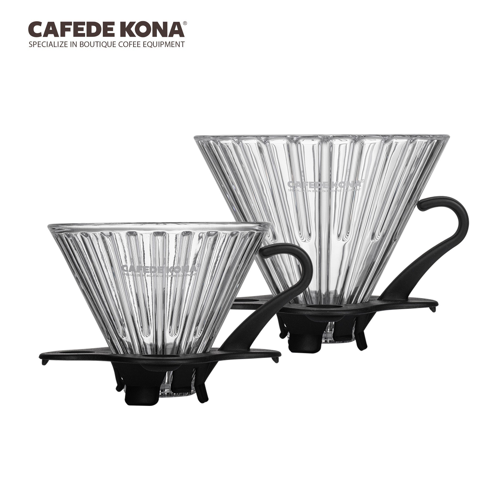 Phễu thuỷ tinh V60 rãnh thẵng đế nhựa đen CAFE DE KONA