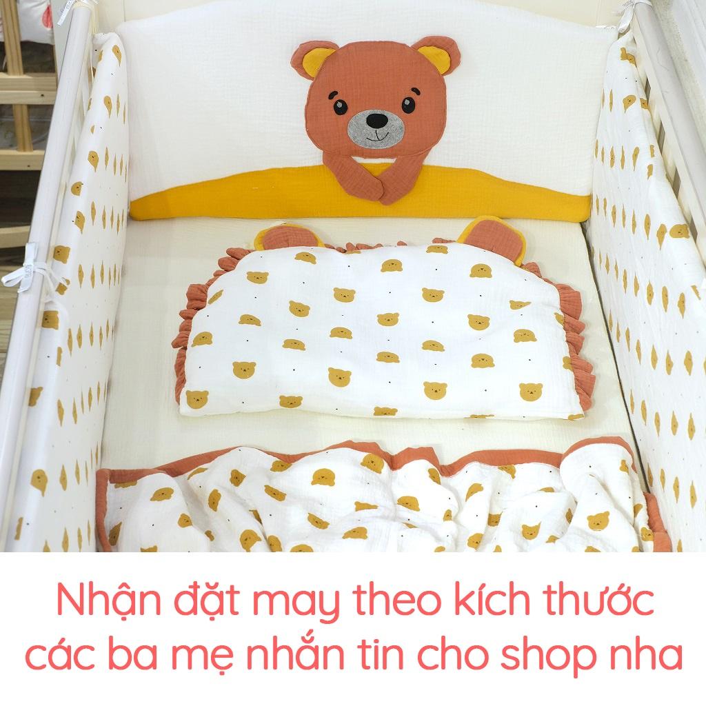 Bộ 4 tấm quây cũi cho bé RUNA KIDS chất liệu muslin cao cấp mềm mại thoáng khí thấm hút mồ hôi họa tiết gấu con đáng yêu