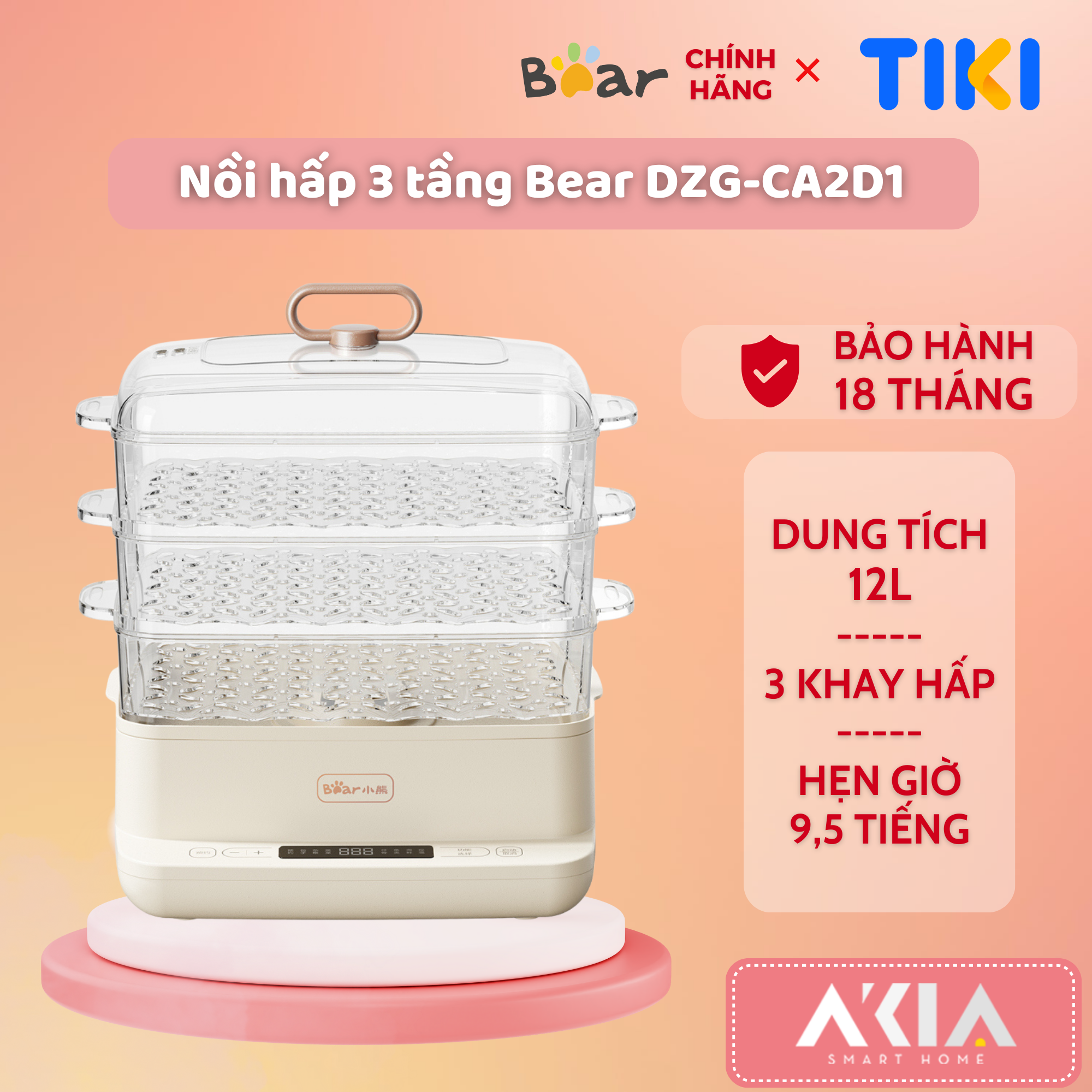 Nồi hấp 3 tầng đa năng Bear DZG-CA2D1 - Dung tích 12L, 6 chức năng nấu, Cài đặt hẹn giờ - Hàng chính hãng, Bản quốc tế