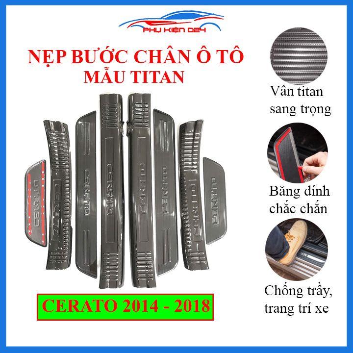 Bộ ốp bậc cửa trong ngoài nẹp bước chân Cerato 2014-2015-2016-2017-2018 vân Titan chống trầy trang trí xe