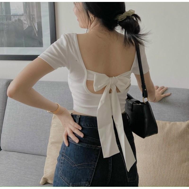 Áo croptop cổ U nơ sau cực xinh sịnÁo croptop hở lưng, khoe lưng tôn dáng
