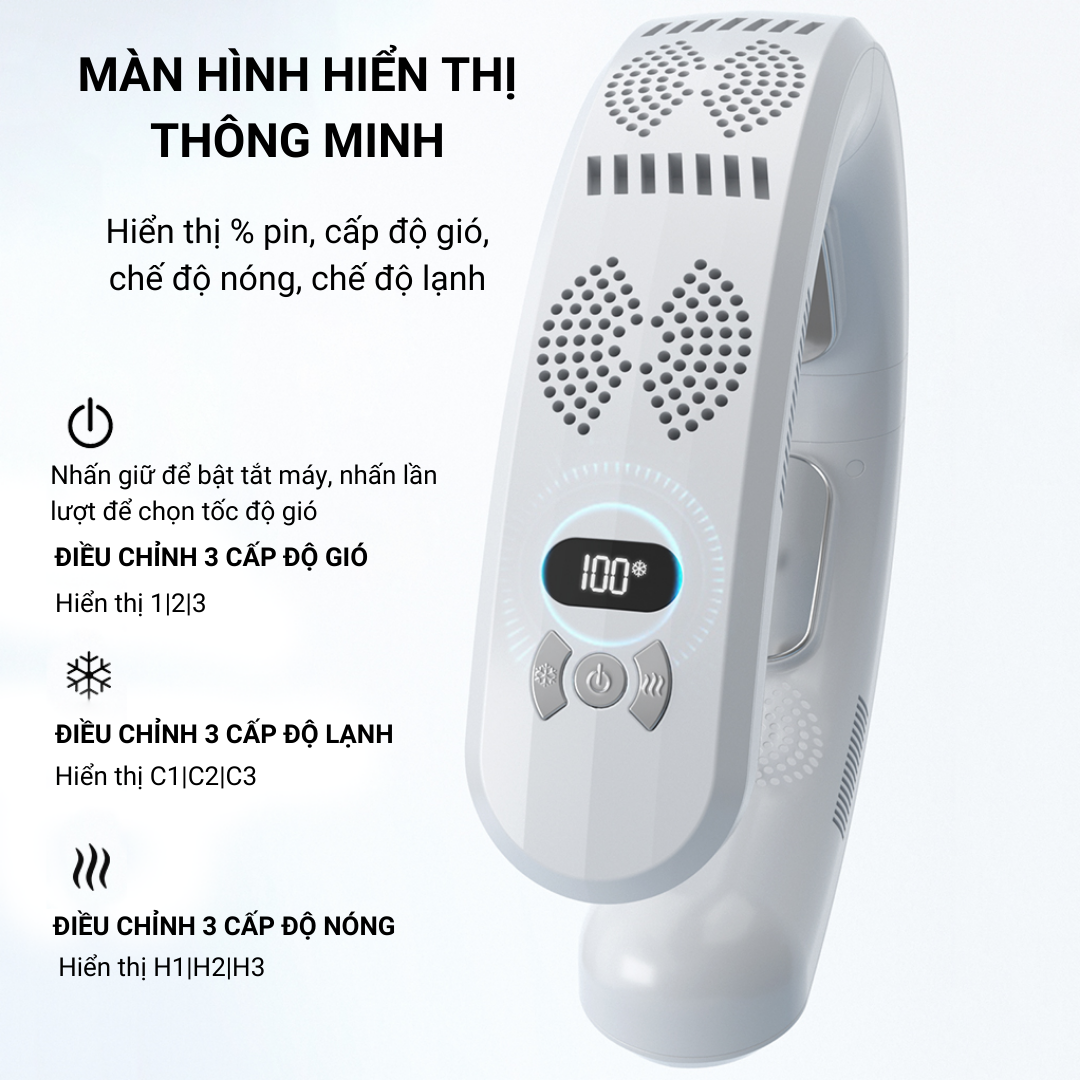 Quạt Đeo Cổ Mini TC06, Quạt Treo Cổ, Quạt Tích Điện Đeo Cổ Không Cánh Thông Minh Chườm Nóng Lạnh Cao Cấp Pin Sạc 6000mAh