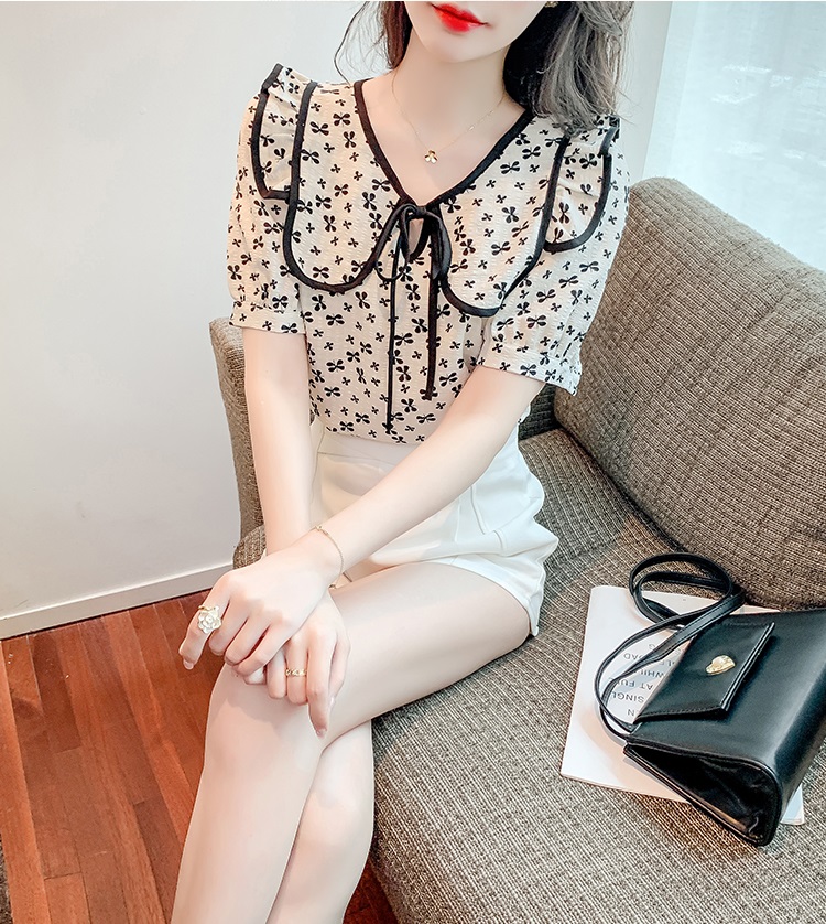 HÀNG QUẢNG CHÂU - ÁO KIỂU SƠ MI VOAN HOA NHÍ CỔ SEN THẮT NƠ VAI BÈO TIỂU THƯ - A66255