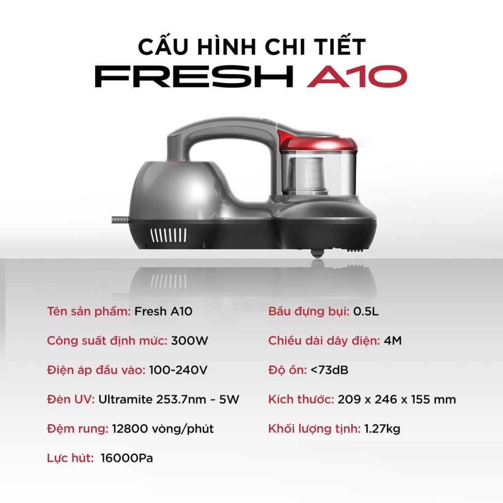 Máy Hút Bụi Giường Đệm Nệm UNIQ Fresh A10 Cầm Tay Mini Đa Năng Đèn UV Dây 4,5m Diệt Sạch Vi Khuẩn Ga Sofa Lông Cao Cấp - Hàng chính hãng