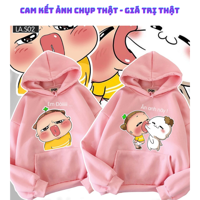 Áo Đôi Nam Nữ MM13, Áo Đôi NỈ Có Mũ In Mèo Em Đói, Vải Nỉ Bông In Hình Dễ Thương