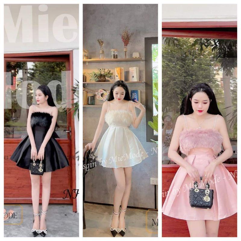 Đầm dự tiệc Thu Hương dáng xoè ngắn cúp ngực 2 dây phối lông chất liệu Tafta. Đầm tiểu thư