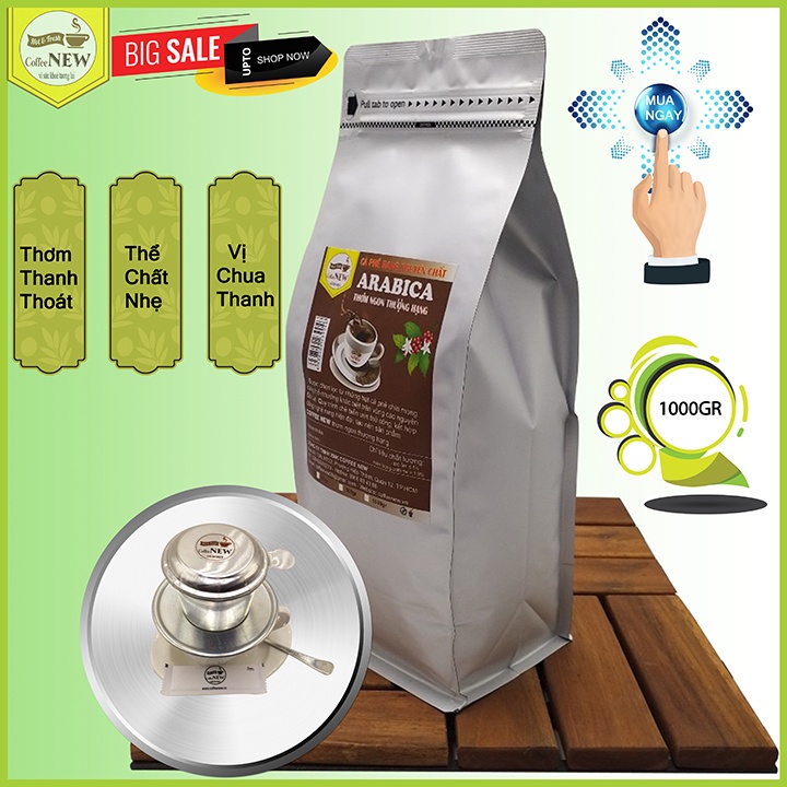 Cà Phê ARABICA - Rang Mộc Nguyên Chất (Gói 1000g) - Tặng Phin Nhôm - Hương Thơm Nồng Nàn, Vị Đắng Nhẹ, Hậu Chua Thanh - Pha Máy Hoặc Pha Phin - Coffee New