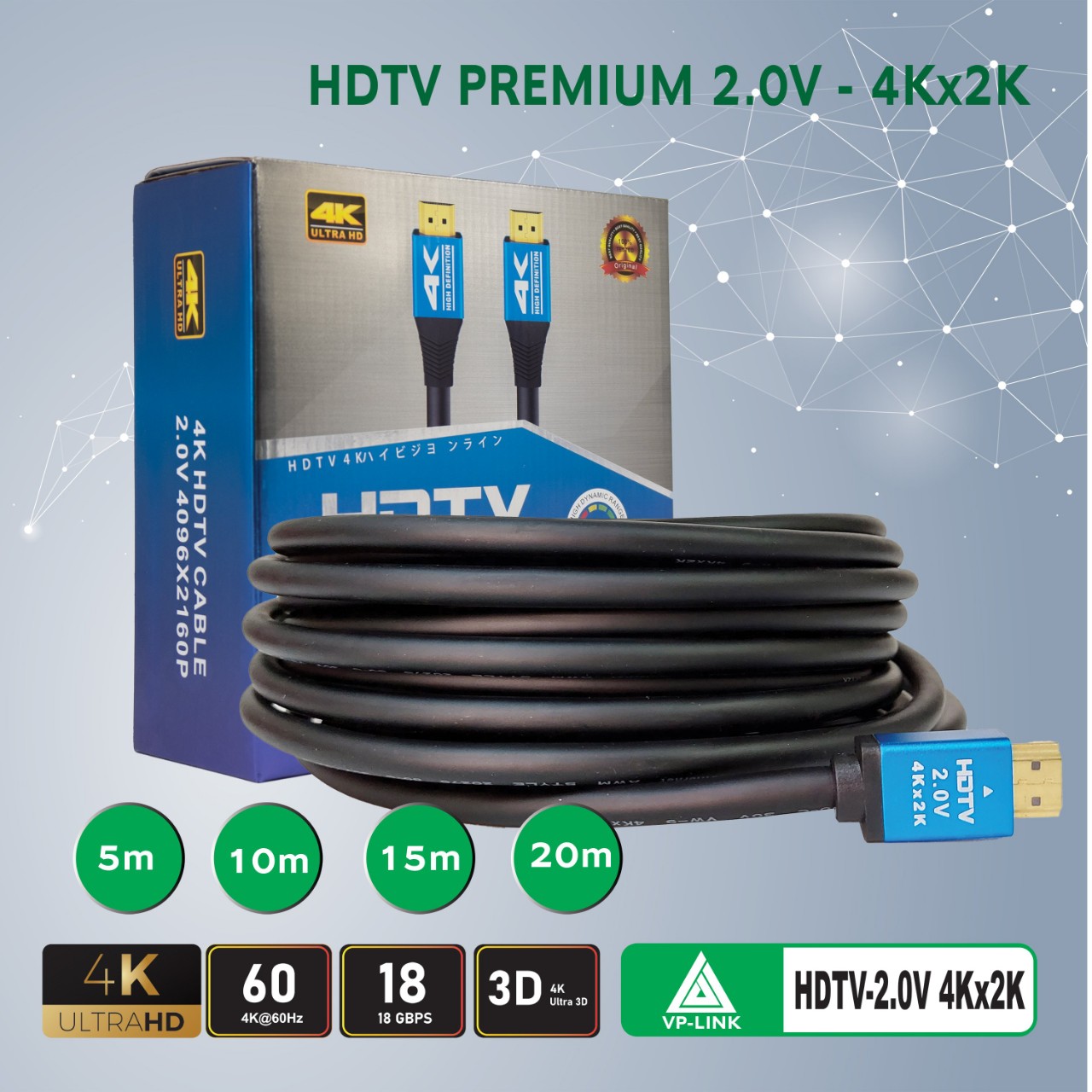 Cáp HDMI 2.0, 4K Dây Tròn 15m