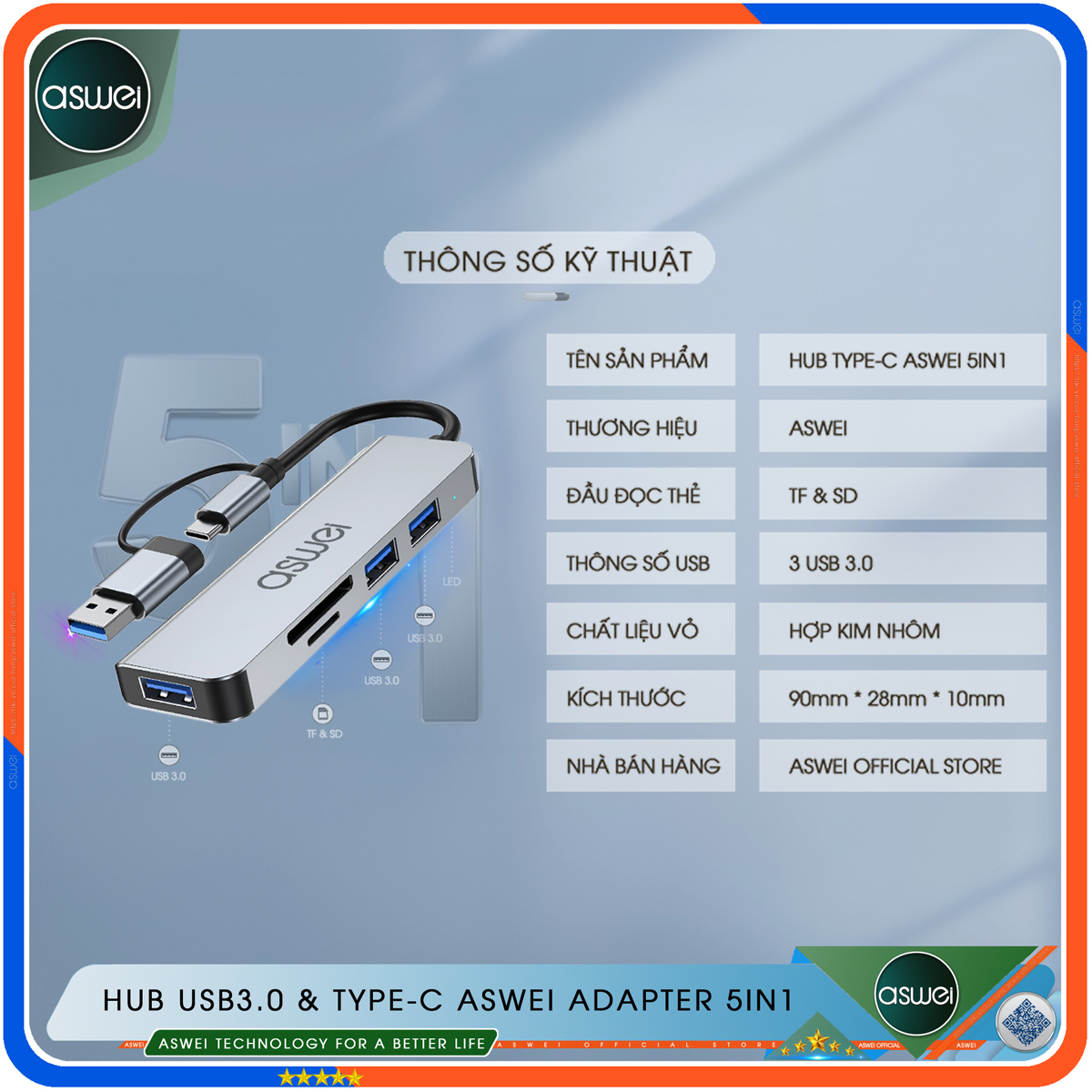 Hub Type C Và Hub USB ASWEI 5 in 1 To USB 3.0, SD, TF - Cổng Chia USB, Ổ Chia USB Tốc Độ Cao - Hub Chuyển Đổi USB Type C Dành Cho Macbook, Laptop, PC, Máy Tính Bảng, Điện Thoại - Hàng Chính Hãng