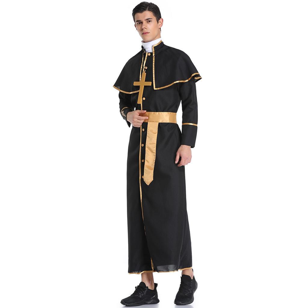 Priest Male Cassock Robe Cloak and Belt Minister Halloween Party Cosplay --M