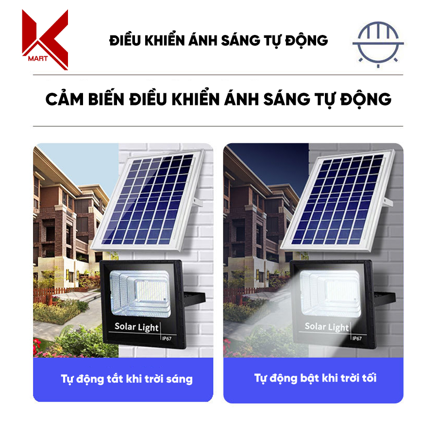 Bộ đèn LED năng lượng mặt trời Solar Light 500W IP67 chất lượng cao, có cảm biến tự động, dải led báo pin, tích hợp điều khiển từ xa -K-Mart