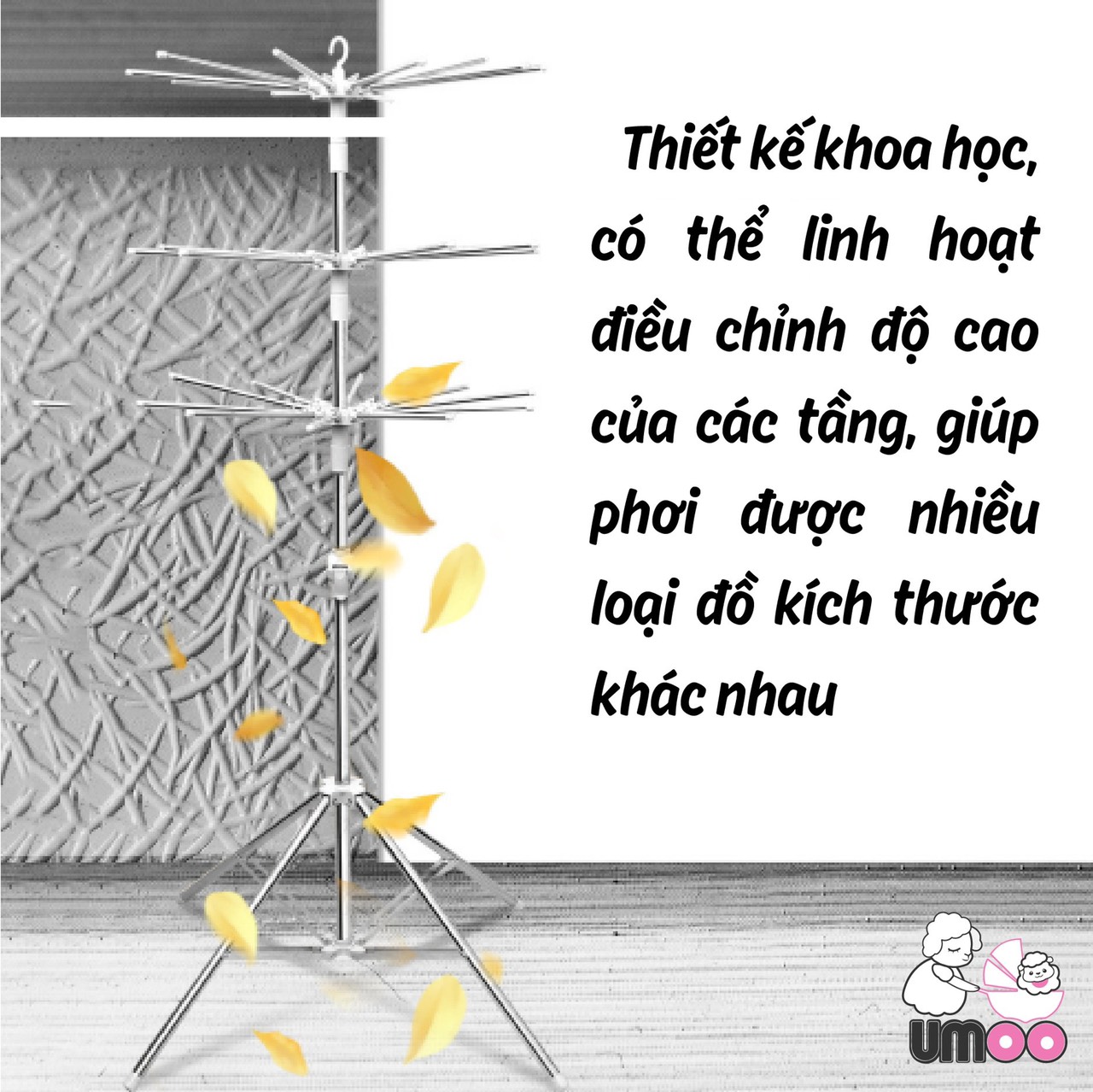 Giá, cây phơi quần áo UM-09116 khung thép không gỉ chịu lực tốt, có giá đỡ chân chắc chắn tặng kèm móc phơi - Hàng nhập khẩu