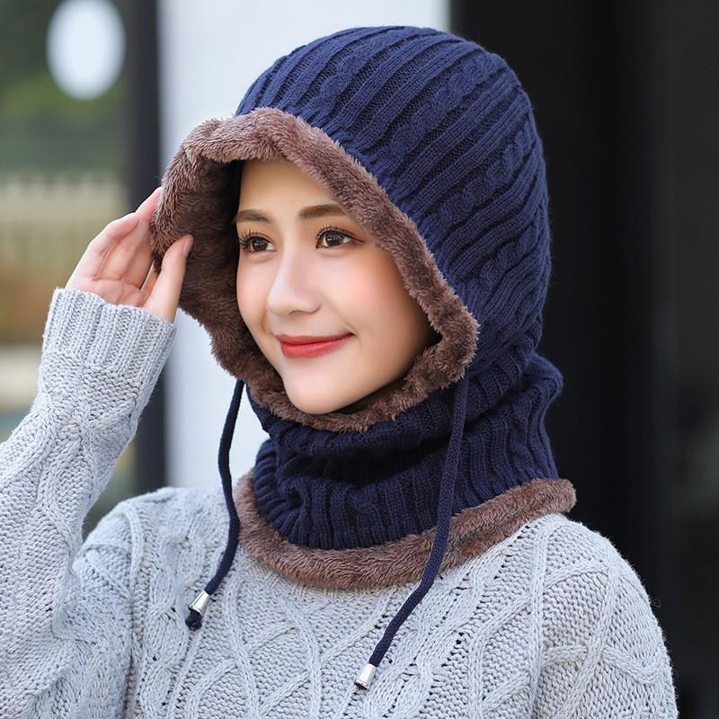 Hình ảnh Mũ len nữ trùm đầu liền khăn choàng cổ lót lông ấm áp thích hợp cả nam và nữ