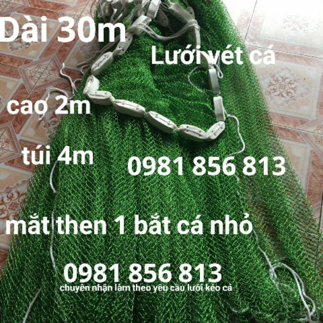 Lưới kéo cá - Lưới vét cá - Lưới quét cá ao hồ bằng dù Thái dài 30m cao 2m mắt 2cm dây to chì nặng