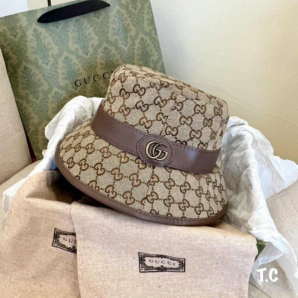 (Hàng VNXK) Nón thời trang, mũ Bucket vành tròn Gu.cci viền da vải Kaki đẹp chuẩn thời trang (Ảnh thật)