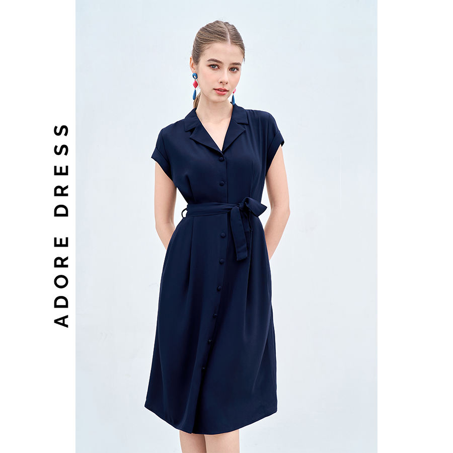 Đầm Midi dresses tuytsy trơn navy, đỏ  xếp ly eo 311DR2020 ADORE DRESS