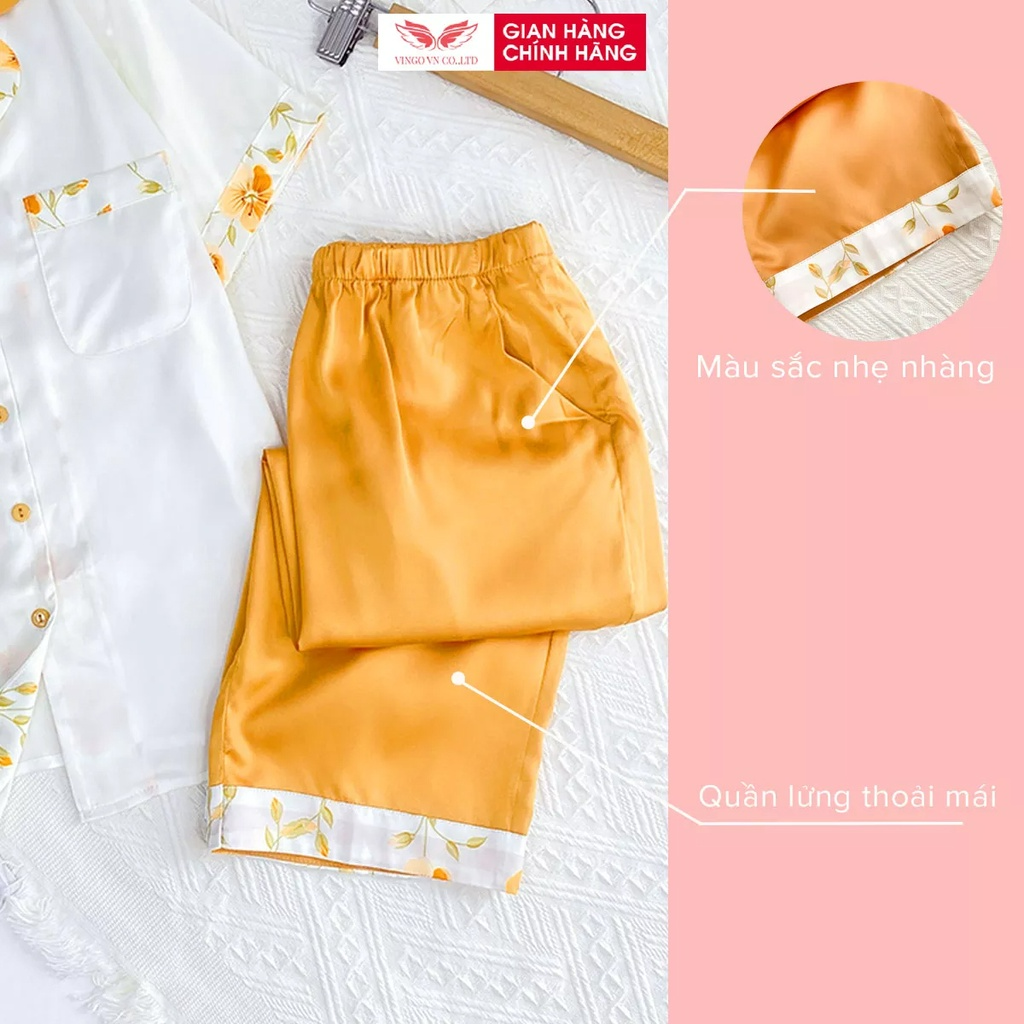 Đồ bộ nữ mặc nhà Pijama VINGO lụa Pháp tay ngắn quần lửng phối viền hoa quần màu vàng trẻ trung hiện đại H810 VNGO