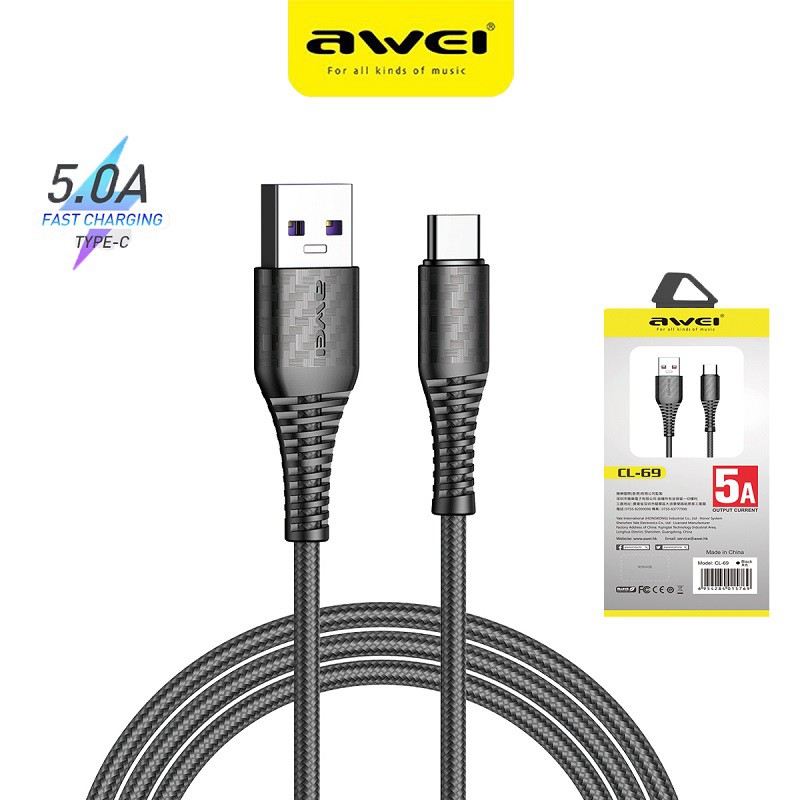 Dây cáp sạc truyền dữ liệu AWEI CL-69 USB Type-C 5A - Hàng nhập khẩu