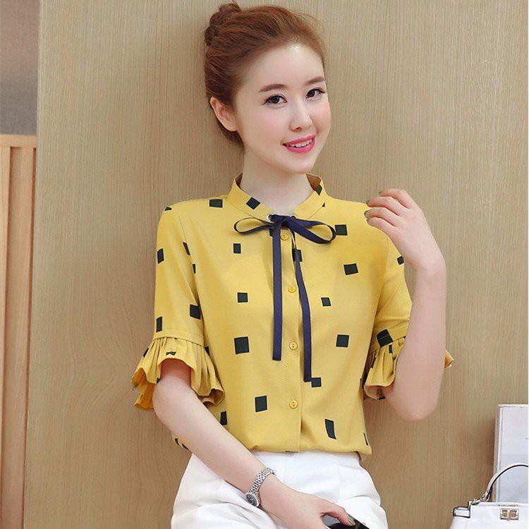 Áo sơ mi nữ cổ trụ nơ xinh xắn tay lỡ -áo sơ mi nữ tay điệu