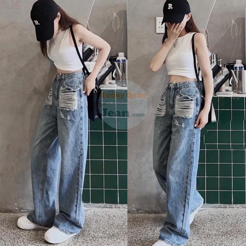 Quần Jeans Nữ Ống Rộng Cào Rách 2 Bên Túi, Quần Bò Ống Rộng Lưng Cao Siêu Phá Cách 2 Màu Xanh Đậm Và Nhạt 310