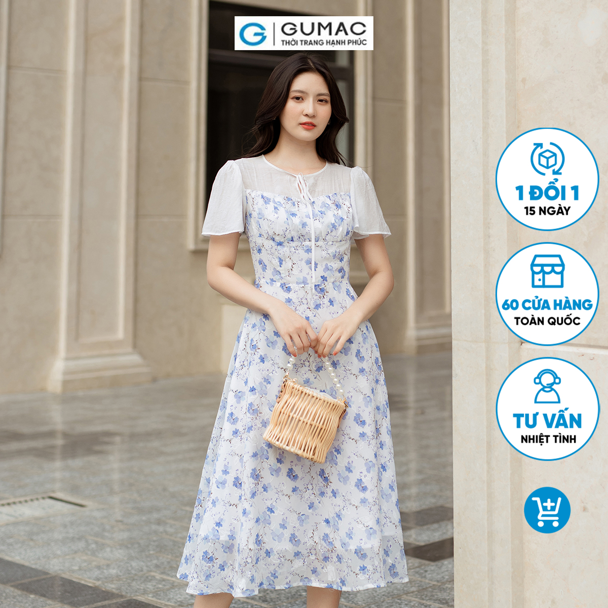 Đầm hoa phối vải tơ GUMAC DD05038