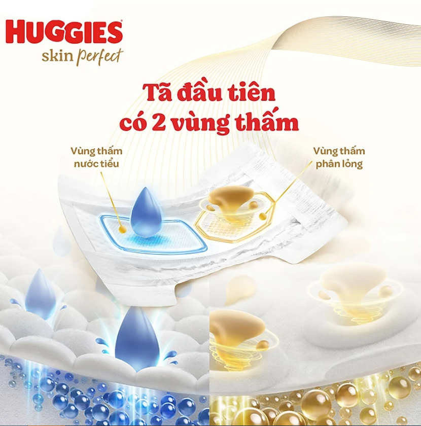 [Phiên bản Rắn vàng giới hạn] Tã quần Huggies Skin Perfect Mega Jumbo M98+4 với 2 vùng thấm giảm kích ứng da